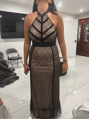 Black Lace Halter Maxi Dress with Sheer Inset